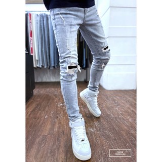 老爺有喜 重磅淺刷白膝破壞補丁牛仔小直筒褲 彈性抽鬚 牛仔破褲 顯瘦 修身 窄管 補丁破壞 水洗刷白 水泥灰 牛仔褲