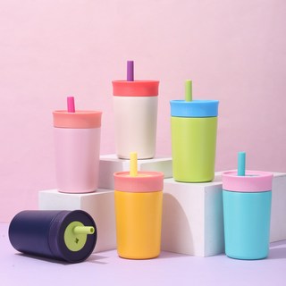 新款兒童硅膠吸管杯owala同款咖啡杯小容量12oz不銹鋼保溫杯大容量水壺水杯水瓶隨行杯環保杯飲料杯運動水壺, 桔紅色,12oz, 1個, 12oz