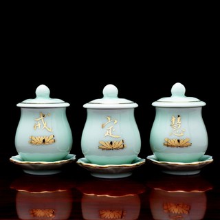 鶯歌精作彩蓮 - 彩繪陶瓷供水杯 佛前祖先杯, 1個, 【戒定慧】三杯盤套組50ml