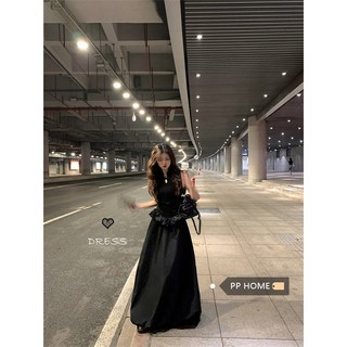 新中式黑色盤扣連衣裙 夏季高級感赫本風 收腰蓬蓬長裙, L,黑色, 黑色