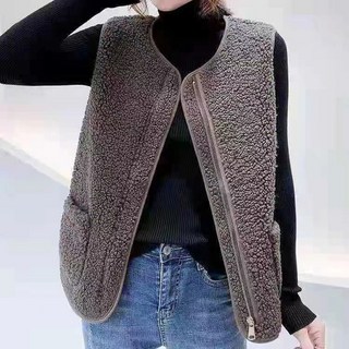 Helena 羊羔毛拉鍊馬甲 素色毛絨 韓系寬鬆開衫背心 上衣女