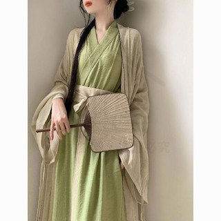 全店折扣 江南風衣服國風直裾全套古風舞蹈改良漢服女魏晉風大袖衫古裝全套, 黃色直裾+腰封,XS