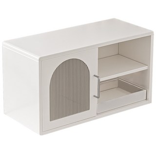 簡約滑動門桌面收納櫃 多功能開放式層架抽屜收納盒 化妝品保養品收納整理架, 白色, 1個