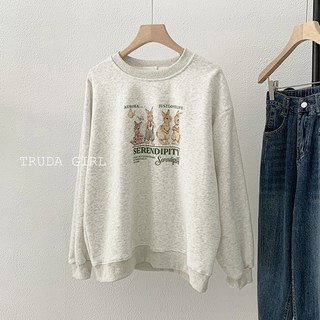 《杜達女孩》韓風兔兔家族 銀狐絨大學T 兔子上衣 圓領 保暖加絨 女