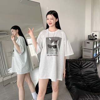 韓國製 墨鏡貓咪素T 落肩寬鬆短袖上衣 情侶T, 白色18876,M