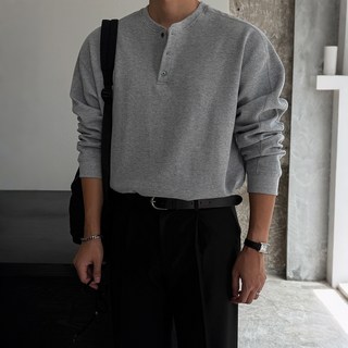 MYQ華夫格亨利領長袖T恤男士春秋寬鬆老錢風打底衫韓系通勤穿搭