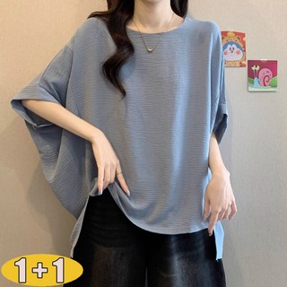 1+1 빅사이즈 여성 트임 가오리 소매 반팔 블라우스 여름 얇은 라운드 반팔 티셔츠 오버핏