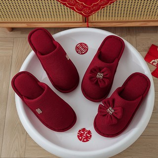 喜慶紅色新郎新娘情侶款 大碼居家室內輕奢時尚婚鞋, 包頭-華夫格（四葉草）,鞋碼：女40-41+男42-43