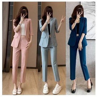 夏季職業套裝 韓版時尚氣質七分袖西裝正裝, 深藍【西裝+褲子】,3XL, 1個