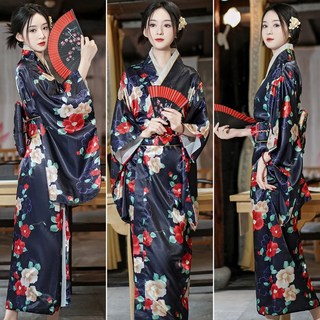 水水女人國 日式和服浴衣 復古印花綢緞質感 東瀛風寫真表演必備 多色可選, 藍色, 1套