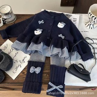 2025秋季女童學院風格子毛衣開衫蝴蝶結堆堆襪打底褲套裝