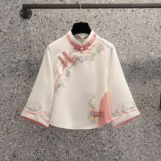 民國風改良漢服套裝女 顯瘦復古中國風連衣裙 寬鬆五四青年裝兩件套, 粉色上衣 【側面拉鍊】,3XL 【建議135-145斤】