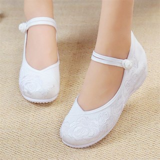 漢服鞋子女坡跟內增高古風民族風繡花鞋, 白色 雅笙A 低跟3厘米,40