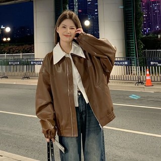 棕色PU皮外套女春秋2025美式新款設計感復古寬鬆顯瘦長袖夾克上衣