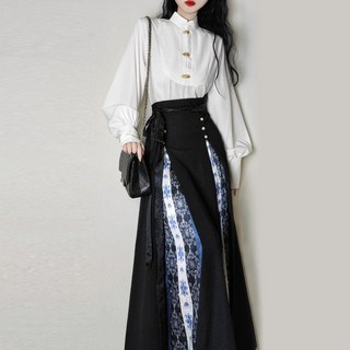 原創漢服套裝 與宋製三襇裙, 白色立領上衣+改良三澗裙,L