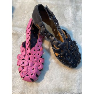 精緻手工皮革編織涼鞋 桃紅色 黑色