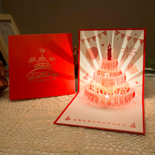 위캔바이 생일축하 멜로디 팝업 입체카드, 1개, 레드