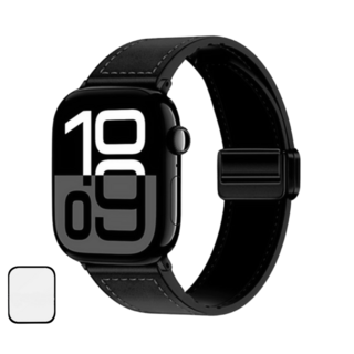 NUBASE 애플워치 호환 솔리드 마그네틱 디버클 가죽 싱글투어 스트랩, 01. 블랙