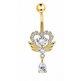 C17 現貨 新款 魔法心語 愛心翅膀肚臍環 愛心 翅膀 粗針 肚臍環 肚臍釘 肚臍扣 醫用鋼 防過敏, 金色白鑽, 1個