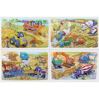 台灣現貨 兒童恐龍拼圖玩具 木盒裝三合一 幼童益智拼圖遊戲 木製拼板玩具, 1個, 工程車款E1K【四合一』990彩盒微凹