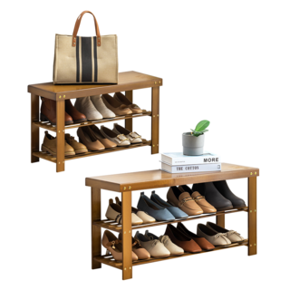 好的家居 楠竹硬式換鞋椅 穿鞋椅 穿鞋凳 換鞋凳 - 玄關收納好幫手，堅固耐用，簡約設計, 楠木原木色, 2層
