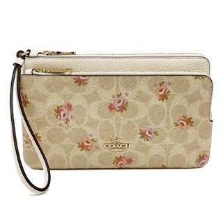 COACH 雙層手拿包 經典Signature印花 牡丹花圖案 淺卡其色