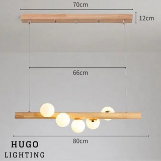 雨果燈飾 原木簡約風實木桿吊燈 一字型餐桌燈 日式北歐風吊燈, 5燈 附實木拼接長盤70cm寬12cm,自然光G9 LED 定做最寬電壓