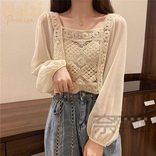 設計感小眾襯衫女春秋新款韓版蕾絲刺繡花拼接泡泡袖雪紡襯衫