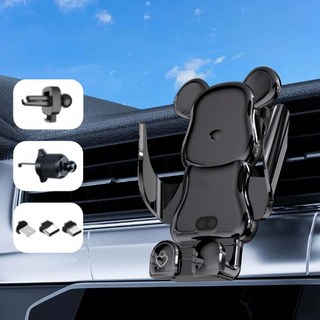 케이엠 15W 고속 무선충전기 고리형 집게형 증정 곰돌이 차량용 핸드폰거치대, 블랙