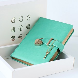 비밀일기장 자물쇠 감성 빈티지 6공 다이어리, 하트 열쇠잠금 만년다이어리 민트