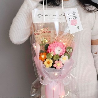 石頭 生活館 毛線鉤織花束，手工編織玫瑰向日葵，創意禮物，女神節送禮佳品, 小花束康乃馨粉【送禮袋+燈+賀卡】, 1個