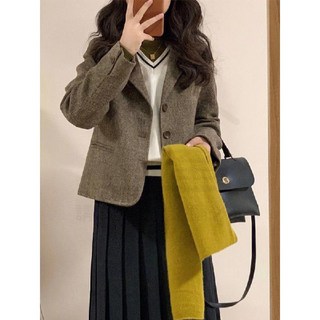 韓版高級感氣質名媛小個子別緻小衆設計感復古棕西裝外套女2024春