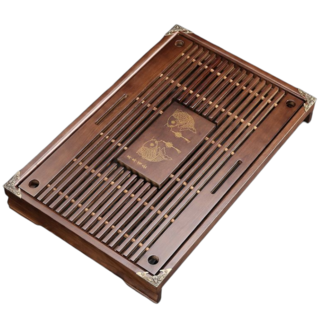 原木實木茶盤 功夫茶具茶台 排水儲水兩用設計 年年有魚圖案 棕色, 1個, 茶盤 年年有魚(棕色)