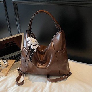 帝柏斜挎包時尚百搭大容量雙肩包托特女式新款通勤單肩包包，多功能設計，高級質感, 咖色帶掛件