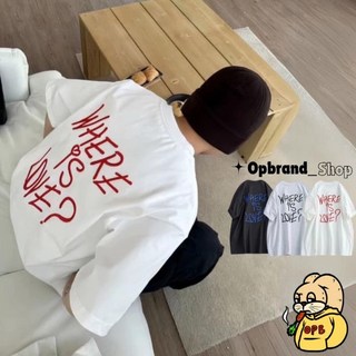OPB Where is love 簡約電繡英文字母寬鬆標語短袖情侶街頭, 黑色,L