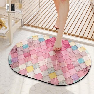 有餘DC 彩色菱形格子浴室地墊 硅藻泥吸水軟墊 衛生間門口速乾吸水地毯 防滑腳墊, 彩色方方圓,40*60（軟硅藻泥五代）, 1個