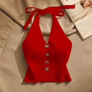 여성용 짧은 조끼 V넥 민소매 레터 탱크 탑 백 레이스 업 패션 스타일 크롭 의류 여름 착용, XL, 빨간