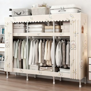 [시스슈] 강관 굵게 업그레이드 간편 천옷장 - 살커튼 수납더블 사이즈 조립식 옷장, 베이지색