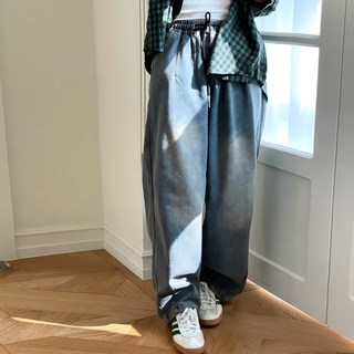 네모엔룩 여성용 와이드힙데님 빅사이즈 루즈핏 힙합 스트릿 허리밴딩 빈티지워싱 청 팬츠 NL