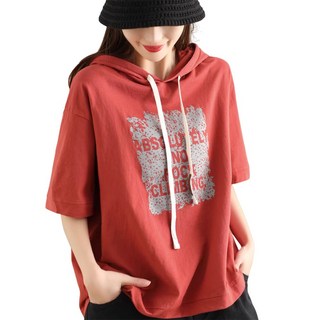 ROYALBELLE 여성 순면 프린팅 반팔 후드 맨투맨 루즈핏 풀오버 데일리 상의 캐주얼룩 Y042512