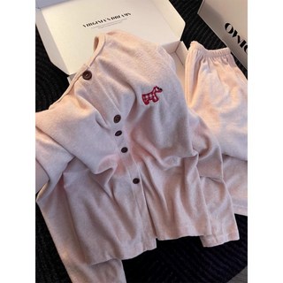 圓領德絨睡衣女秋冬季慵懶卡通刺繡甜美少女長袖長褲家居服可外穿