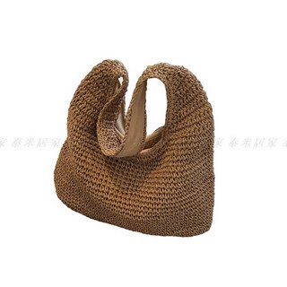 日式手工編織側背包 大容量升級版 草編包 手工沙灘包 斜背包 手提包 收納包, 棕色, 棕色