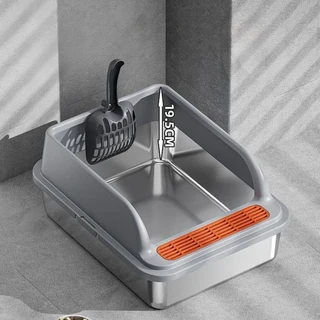 정카이 스테인리스 스틸 고양이 화장실 두꺼운 높이 조절 가능한 펜스로 배설물을 튀어내는 것을 방지합니, 02 Light gray