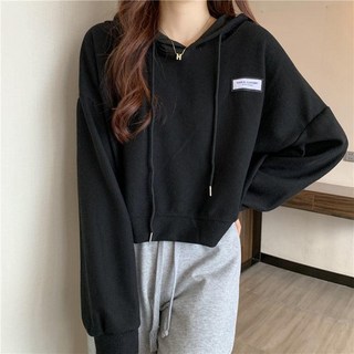 小蘭優購 韓版華夫格帽T 女學生寬鬆 秋冬短款上衣