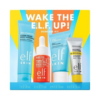 E.l.f. SKIN Wake the e.l.f. Up 스킨 케어 키트 여행용 사이즈 하이드레이팅 페이스 클렌저 자외선 차단제 모이스처라이저 및 브라이트닝 세럼 비건 동, Wake the e.l.f. Up Skincare Ki