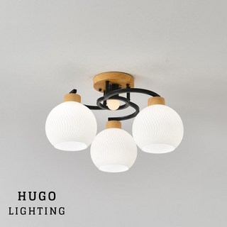 HUGO LIGHTING 日式木紋玻璃吸頂燈，立體S紋設計，臥房客廳主燈, 黑色 / 6燈,中間有加1燈有罩 / 有分段