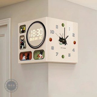 LED掛鐘 時鐘 靜音 擺鐘 壁鐘 裝飾鐘錶 多巴胺 萬年曆 電子時鐘 客廳 雙面掛鐘, C：无灯+插电款阳历感应数显+白框,40*40/40*40+亚克力转角黑指针