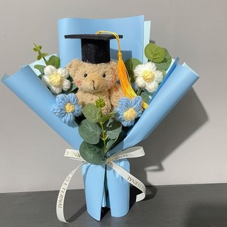 畢業花束 博士帽小熊玩偶花束 畢業禮物 向日葵毛線花 中高考送孩子 一舉奪魁, 博士熊小號藍色（收藏送禮袋燈串）, 1個
