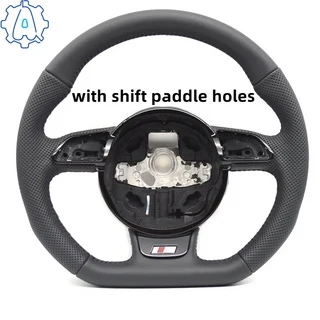 아우디 A4 B8 A3 8V A4 A5 A7 Q3 Q5 Q7 블랙 스티치 전체 가죽 천공 플랫 바닥 스티어링 휠, 02 S LOGO