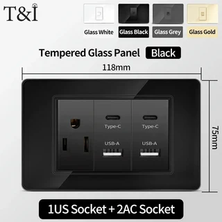 미국산 블랙 강화유리 16A 2구 조명 스위치 11875mm 플러그 USB C타입 고속 충전 118 시리즈 멕시코 벽면, 07 US2AC, 02 Glass Gold